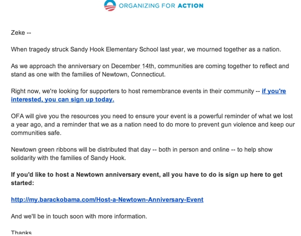 Obama Organizing for Action is organizing Newtown anniversary evennts