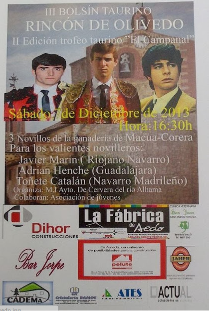 SergioCruzH's tweet photo. III Bolsín Taurino Rincón de Olivedo, segunda edición trofeo taurino "El Campanal" Sábado 7 de Diciembre a las 16:30 http://t.co/3oQKUCAIRv