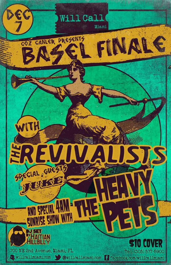 #ArtBasel Finale #LiveMusic show Dec 7 @WillCallMiami with <a href="/therevivalists/">The Revivalists</a> and <a href="/TheHeavyPets/">The Heavy Pets</a>