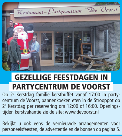 Vier de feestdagen bij partycentrum de Voorst (<a href="/partydevoorst/">restaurantdevoorst</a>)
Zie pagina 5 van de #Bonnenkrant!