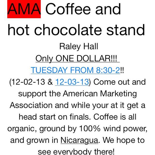 AppStateAMA's tweet photo. Stop by Raley Hall to support AMA by purchasing coffee and/or hot chocolate for only $1! ☕️ http://t.co/KZHqPiND7Z