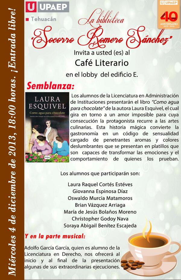 Te invitamos al café literario que será el próximo 4 de diciembre de 2013.  Entrada libre.