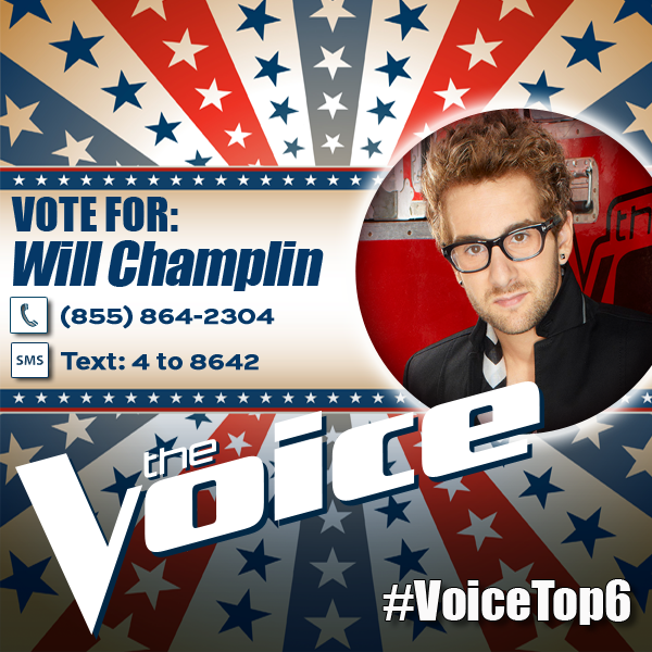 NBCTheVoice's tweet photo. Retweet if you’re voting for @willchamplin! http://t.co/Ujej3qYjpt #VoiceTop6 http://t.co/5i2XwpHiCX