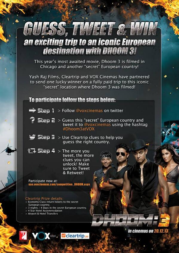 voxcinemas's tweet photo. Dear .@JrBachchan_FC 
Let’s get the #Dhoom3atVOX trended in the UAE! Please RT this: http://t.co/bgUF5r4x8H