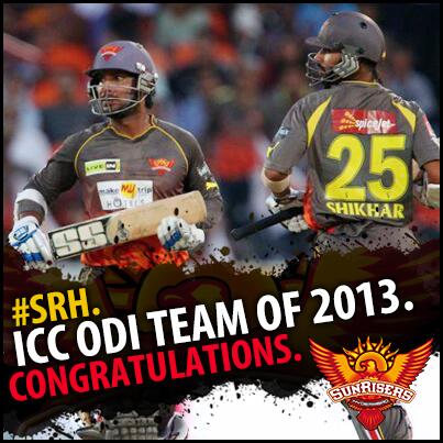 SunRisers's tweet photo. #SRH superstars #ShikharDhawan and #KumarSangakkara have been named in the ICC ODI team of the year. Well done boys! http://t.co/W7lcPsuiCP