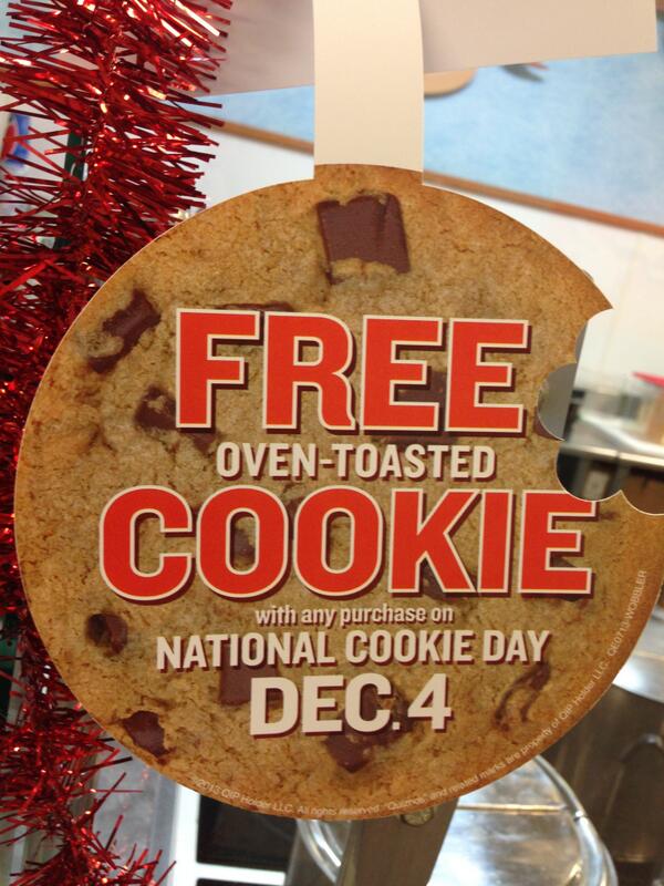 Tomorrow is NATIONAL COOKIE DAY. Get one of our delicious cookies FREE with any purchase on Dec. 4. #sumterquiznos