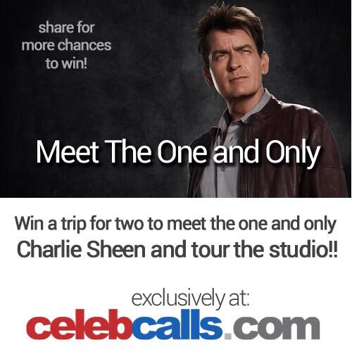 charliesheen's tweet photo. Win a trip for 2 meet the 1 and only Charlie Sheen &amp; tour my studio!  Enter at #CelebCalls http://t.co/9lRQOSqEFm http://t.co/X7Ghe56luL