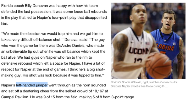 SportSpellCheck's tweet image. Left-handed jumper? Shabazz Napier clearly shot a right-handed shot to win @YahooSports @AP_Sports #spellcheck