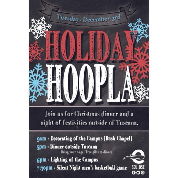 seuniversity's tweet photo. Join us for our Holiday Hoopla events tonight and the Silent Night Basketball game at 7:30pm. @SEU_DSE http://t.co/BWWFVKCvl7