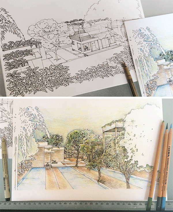 Perspectives drawing for my studio class! Tools: Sakura Pigma Micron03 & Lyra Rembrandt Colored Pencils