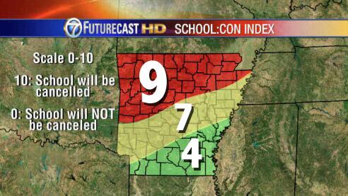 ToddYakoubian's tweet image. UPDATE… Wednesday’s SCHOOL:CON INDEX.  Scale 0-10.  10: likely no school… 0: likely you will have school #ARWX