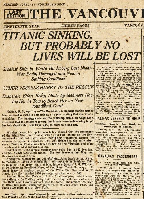 "Titanic Sinking But Probably No Lives Will Be Lost" Cover page of Vancouver Daily Province edition on April 15, 1912