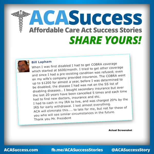 ObamacareSaves's tweet image. Bill cashed in his IRA to cover COBRA fees and knows Obamacare will help sick people avoid that in the future.
