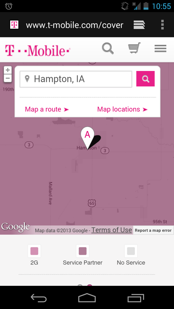 TeamFlyingSalad's tweet photo. @TMobileHelp Don't cover 1/3 of the map with the search dialog. Also, mobile sites suck, let me view the full site. http://t.co/z10NnTcDGi