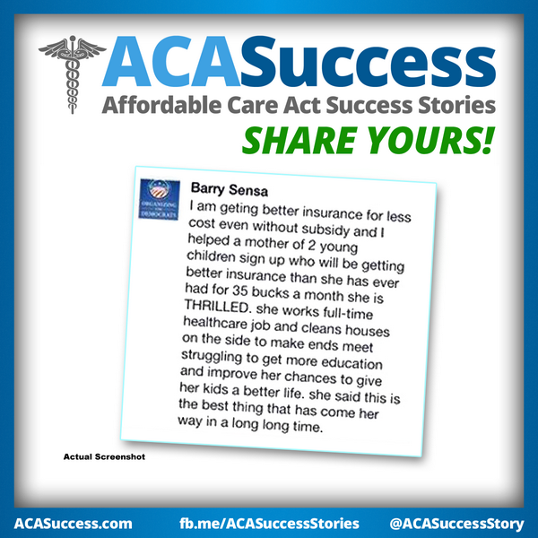 ObamacareSaves's tweet image. Barry gets better coverage at lower cost and helped a struggling mother of two young kids!