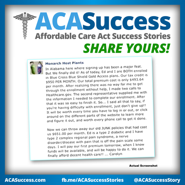 ObamacareSaves's tweet image. Carolyn and Ed in Alabama traded junk policies for gold plans for just $493.64 per month including subsidies.