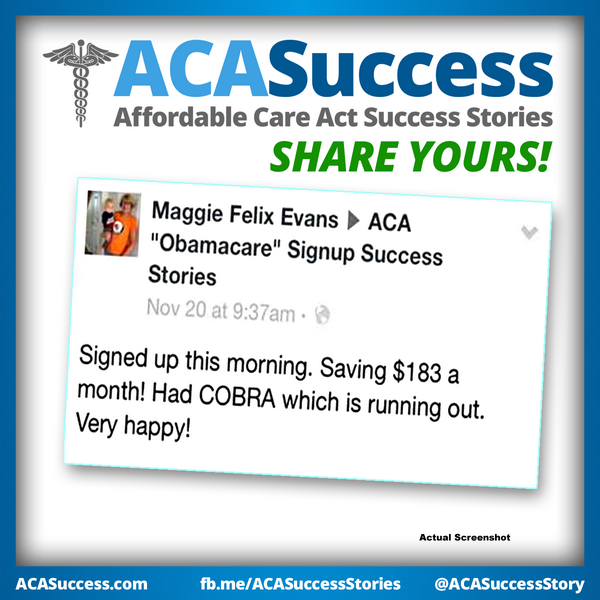 ObamacareSaves's tweet image. Maggie saves $183 a month in the nick of time as COBRA runs out.