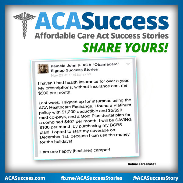 ObamacareSaves's tweet image. Pamela goes from uninsured to platinum coverage with Obamacare and it costs $100 less than her current prescriptions