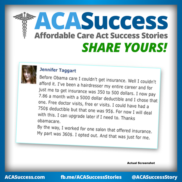 ObamacareSaves's tweet image. Pam, a hairdresser, couldn't afford $350 for insurance.  Her Obamacare with subsidies is $7.86 a month.