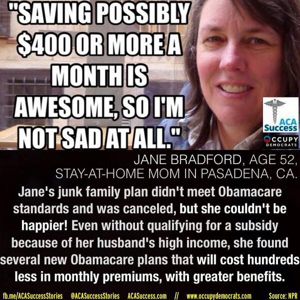 ObamacareSaves's tweet image. Jane lost her junk policy and is forced to save $400 a month with Obamacare.