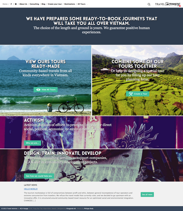vinaganda's tweet photo. Just put launched our client’ website: Travel Activists http://t.co/dOCqqWD4v4 http://t.co/dPbxhyFUyf