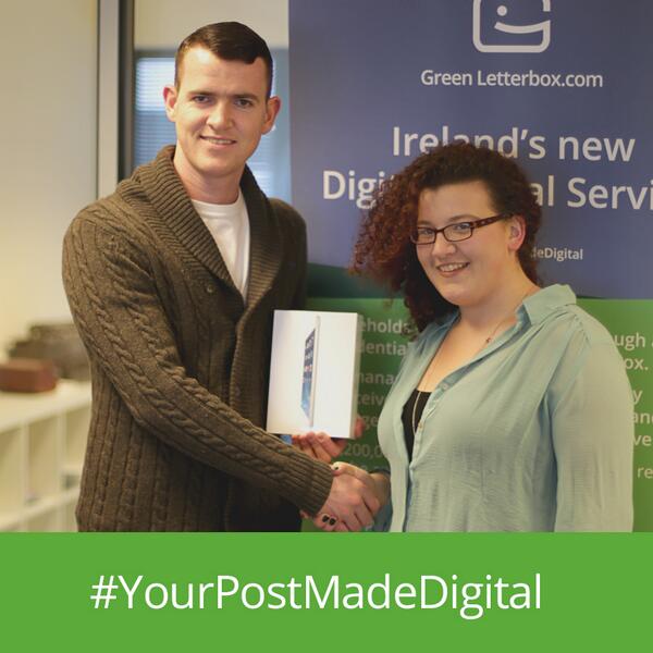 GreenLetterbox's tweet photo. Here's @Pigsback_IE competition winner Liz King from Co. Cork with our CEO Nick Keegan receiving her iPad Mini. #Win http://t.co/Q2YvcgiFJs