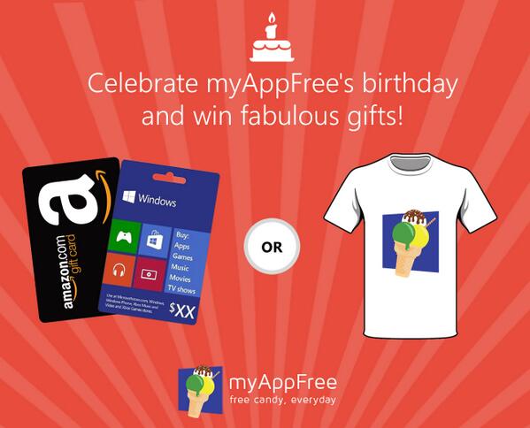 myAppFree's tweet photo. 1 year together, thank you! RT this and you could win Windows gift cards or myAppFree tshirt. #wp #happybdayMyAppFree http://t.co/eywQjRdZy6