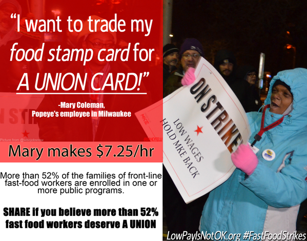 banditelli's tweet photo. “I want to trade my 
food stamp card for
A UNION CARD!” - Mary Coleman, @PopeyesChicken worker. #FastFoodStrikes #1u http://t.co/2ZxX4Vg5Aa