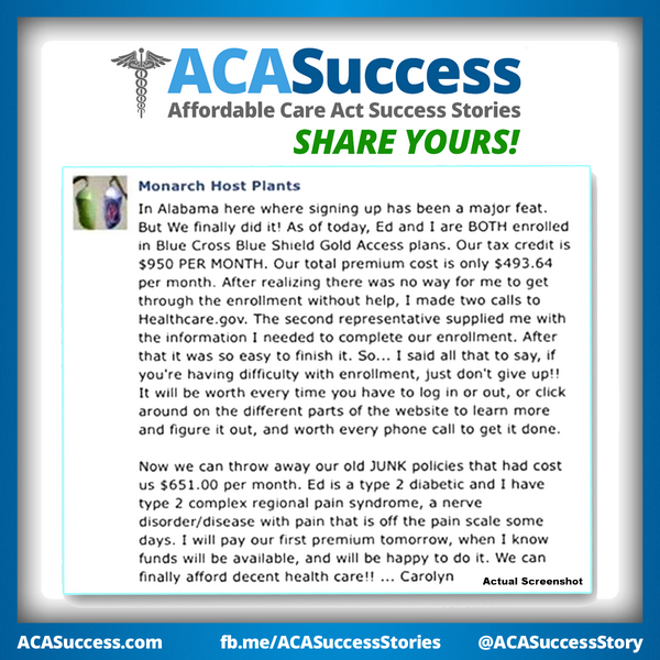 ObamacareSaves's tweet image. Carolyn and Ed in Alabama traded junk policies for gold plans for $493.64 per month including subsidies.