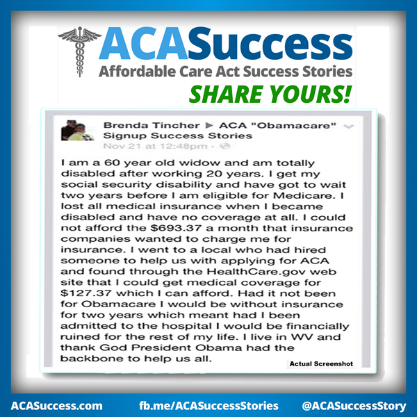 ObamacareSaves's tweet image. Brenda, 60 yrs old, widowed, and disabled can afford coverage again at $127.37.