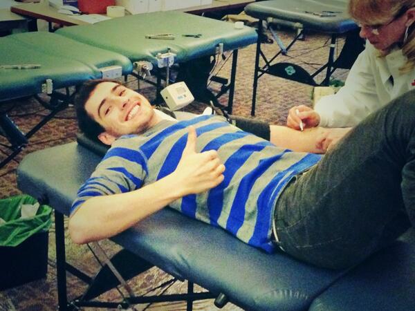 PhiDeltColgate's tweet photo. Thank you everyone who donated blood today! Looking good James @CarinoRoyale  @RedCross @colgateuniv #philanthropy http://t.co/14yCdRJWxg
