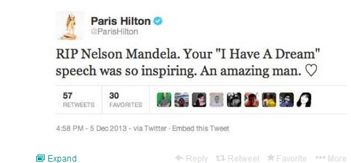 Paris Hilton confuses Nelson Mandela with MLK - claims it was a 'fake' tweet 