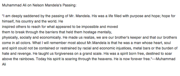 passionfruitpip's tweet photo. "@BuzzFeedNews: Muhammad Ali on Nelson Mandela's passing: http://t.co/TELhvaUmkO http://t.co/ulSLaBUly1" #worldsgreatest #Madiba