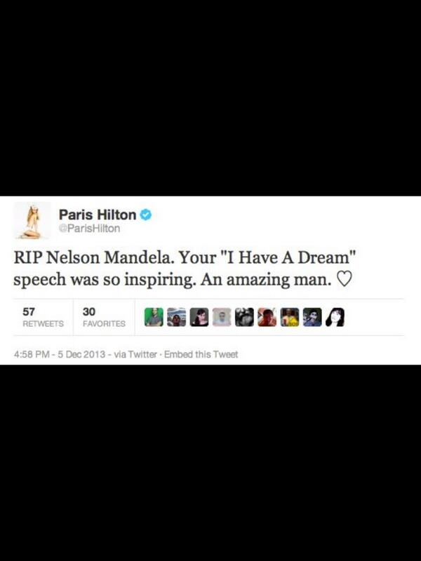 piciaro's tweet photo. @riotta perfino Parisi Hilton che gli attribuisce la frase "I have a dream".... #Mandela http://t.co/DRB9oNfAn2