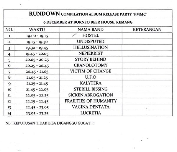 Berikut RUNDOWN acara Compilation Album Release Party <a href="/PMMC_OFFICIAL/">P.M.M.C</a> nanti malam, Mari Merapat Brother  #PMMCEvent