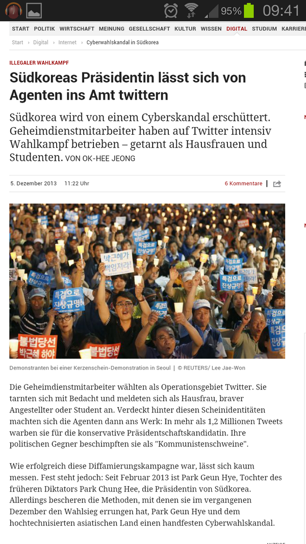 <독일 Zeit 주간지 12월5일자> 한국이 인터넷스캔들에 휘말리게되었다. 국가정보요원이 주부,학생으로 위장, 트위터를 통해 선거에 관여했다. zeit.de/digital/intern…  드뎌 독일에도...