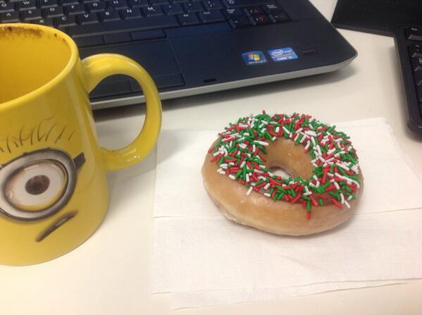 james_hill90's tweet photo. Check checka check this festive office morning badboy #FatFriday #KrispyKreme #HowLuckyAmI http://t.co/WMQrwh2o0x