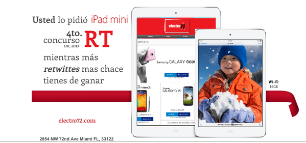 pedroluisflores's tweet photo. Les recuerdo el concurso de los panas de @electro72miami 
Premio:
IPAD mini 
RT Participa y gana!
+RT+chance http://t.co/FERDcXxAXD