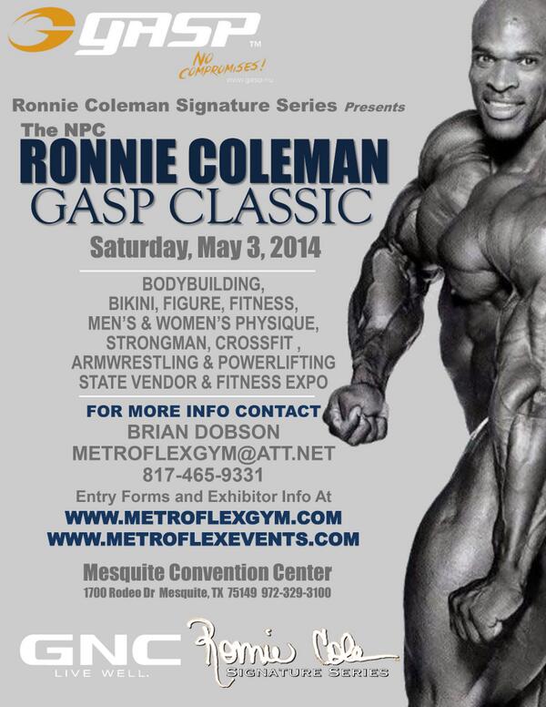 metroflexevents's tweet photo. COMPETITORS!!! WE ARE OFFERING A 50.00 ENTRY FEE FOR RONNIE COLEMAN GASP CLASSIC IF PAID BY 1-15-14 http://t.co/8nnizwfrvk
