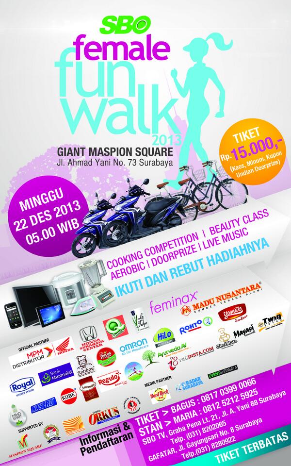 eventsurabaya's tweet photo. Ayo ikutan Female Fun Walk by @SBOEvent | Minggu, 22 Des 2013 at Giant Maspion Square | Info : Ancey 085249988444 http://t.co/3N3SxN65pV