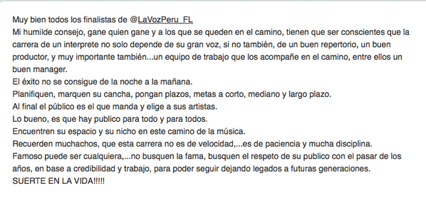 gianmarcomusica's tweet photo. @DiegoUbierna ojalá que llegue a través tuyo este mensaje a @LaVozPeru_FL . 
Va con todo mi respeto y cariño. Paz! http://t.co/5VuLVKbsDk