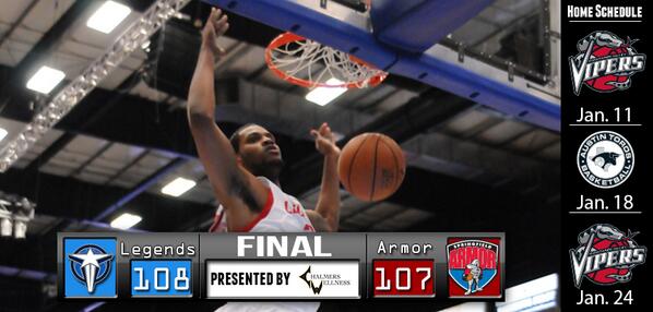 FINAL: Legends win! Legends defeat @ArmorHoops 108-107 behind 32 pts from @DevinEbanks3! Update by @ChalmersWellnes