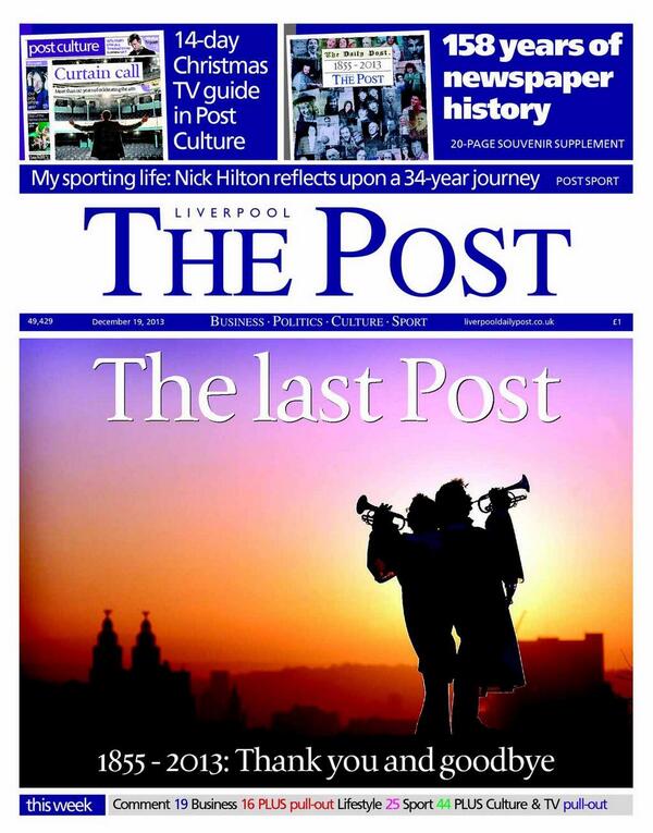 DailyPostLFC's tweet photo. The last ever Liverpool Post is in the shops now: we're very proud of it &amp; hope you enjoy. £1 for a slice of history. http://t.co/Ui89rGOplx
