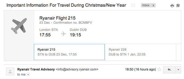 <a href="/gmail/">Gmail</a> just scanned my flight confirmation email and created a nice snapshot header of imp. info. So clever!