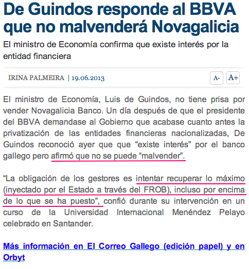 agarzon's tweet photo. La venta de Novagalicia supone 8.000 millones de pérdidas para lo público. Pero, ¿qué dijo en su día Guindos? Esto: http://t.co/PLxBfk1t2h