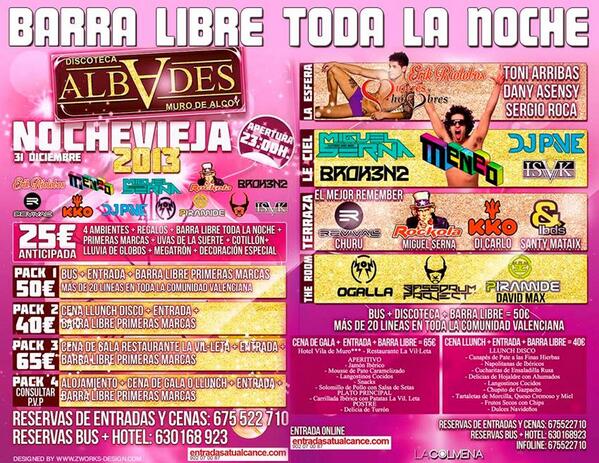 PIVEalbades's tweet photo. @Dj_Parreta Ultima nochevieja Albades BARRA LIBRE 25e 4 pistas +20 djs Reservas cenas bus entradas 675522710 http://t.co/OcKG7TYtO8