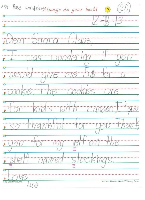 Cookies4Kids's tweet photo. Lucy asked Santa for just 1 thing: $5 she could donate to #CFKC in exchange for his cookie. #LucysList Please share! http://t.co/FFc13FBve7