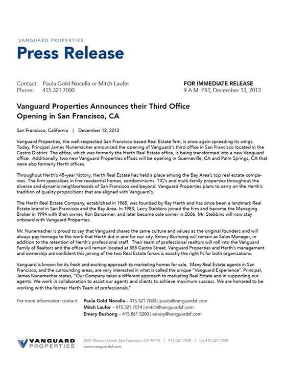 HerthRealEstate's tweet photo. Thank you so much to everyone for following us! We are now officially Vanguard Properties! Our Castro Street offi... http://t.co/vuk5tR8v3U
