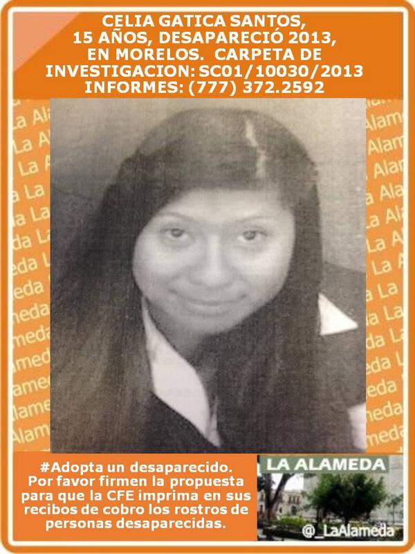 LaAlamedaMor's tweet photo. #RT #desaparece Celia Gatica Santos, 2013 #Morelos INF: (777)372.2592 http://t.co/Io5L7vieiw @arturoCPS @KarolinaMed @GAB_AR10 @btahernandez