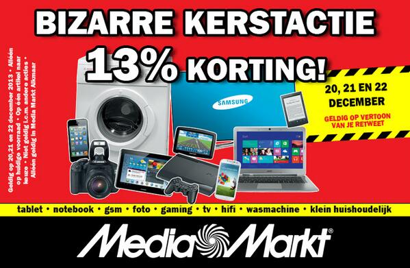 #RT #Kerstactie <a href="/MediaMarkt_ALK/">MediaMarkt Alkmaar</a>: 13% voordeel op een artikel naar keuze! Profiteer vandaag tot 19 uur!